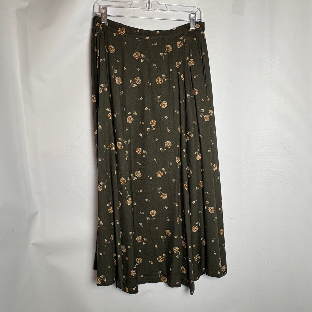 Vintage 90s Olive Green Floral Rose Rayon Wool Maxi Skirt Size 6 Cottage Earthy